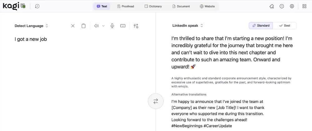 Kagi's AI Translation Tool Now Converts Plain English to LinkedIn-Speak
