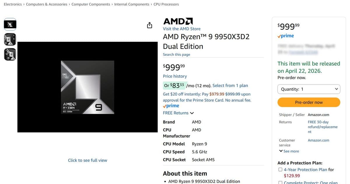AMD Ryzen 9 9950X3D2 Appears on Amazon at $1,000 - $100 Above MSRP