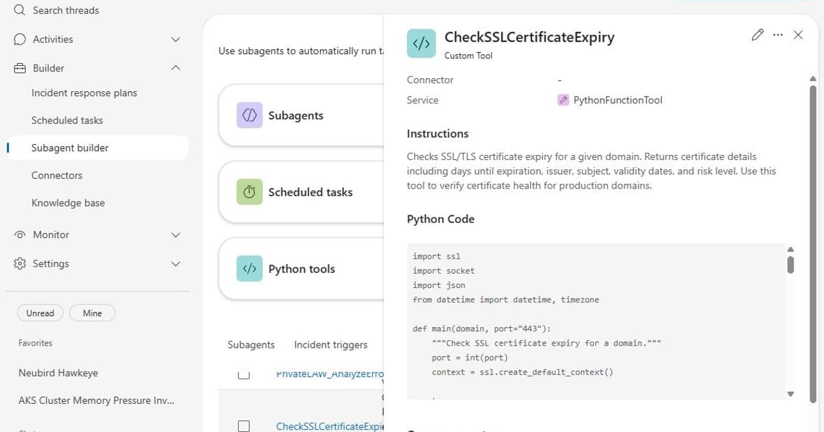 Azure SRE Agent Expands Capabilities with Custom SSL Certificate Monitoring Solution