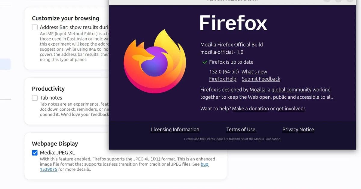 Mozilla posts Firefox 152 with JPEG XL code and new settings UI