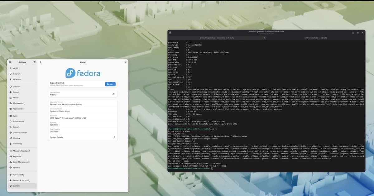 GCC 16 Beats GCC 15 and Narrows the Gap to LLVM Clang 22 on Threadripper 9980X