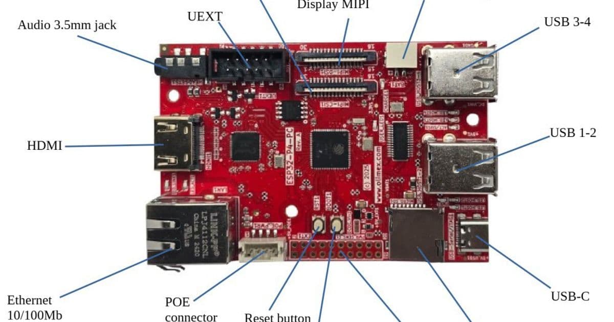 Olimex ESP32-P4-PC: Dual-core RISC-V IoT board packs extensive I/O for $29
