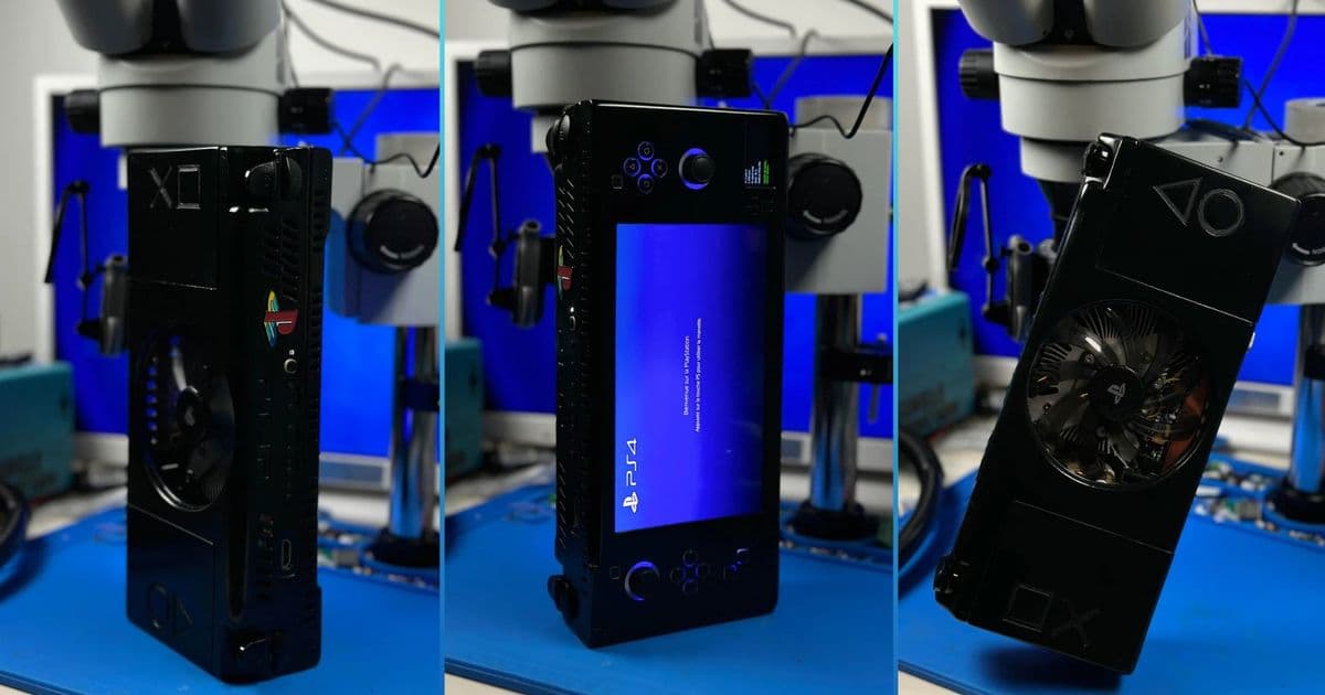 PS4 Slim transformed into a handheld, powered by a miniaturized motherboard in a 3D-printed case — features a 7-inch OLED screen, HDMI out, and 3-hour battery life