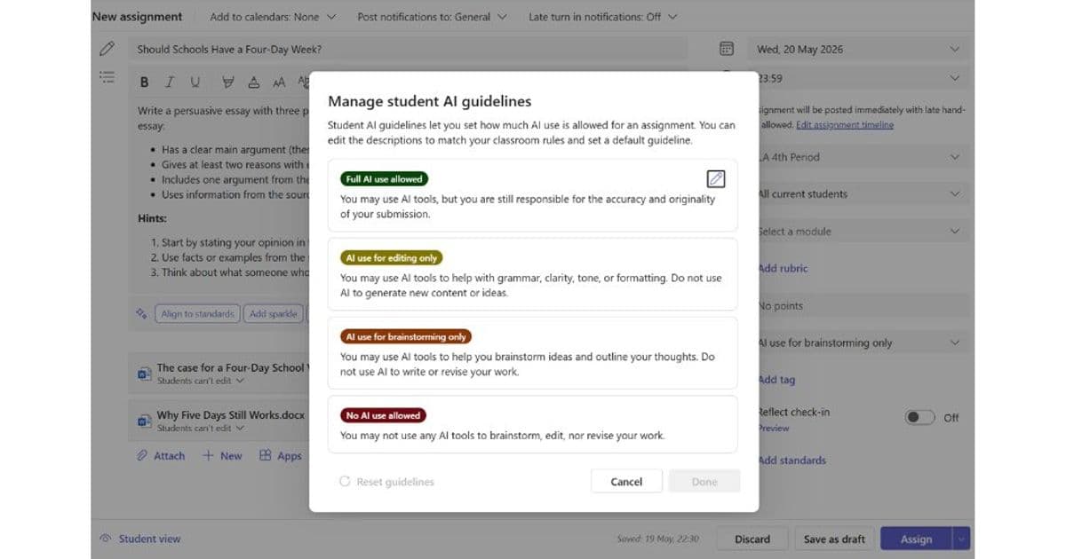Embedding AI Expectations Directly in Assignments: Microsoft Teams’ Student AI Guidelines