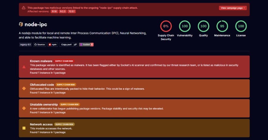 Stealer Backdoor Found in Node-IPC Versions Targeting Developer Secrets