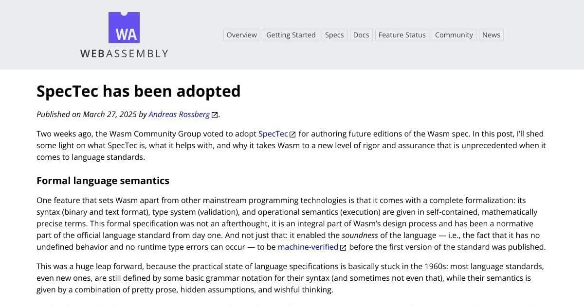 WebAssembly Adopts SpecTec: Revolutionizing Language Specifications with Formal Methods Automation