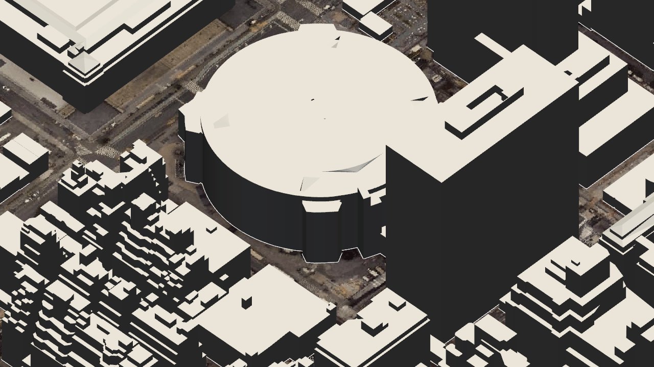 whitebox render of city geometry plus satellite texture