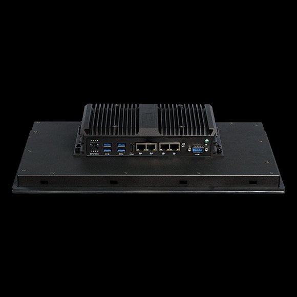 Rear side of the APPC160 C21-01 with fanless heatsink and quad LAN, USB, and DB-9 serial port.