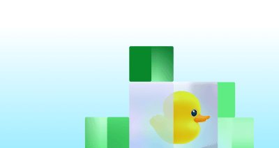 Decorative illustration featuring Ducky inside a translucent cube surrounded by green geometric blocks.