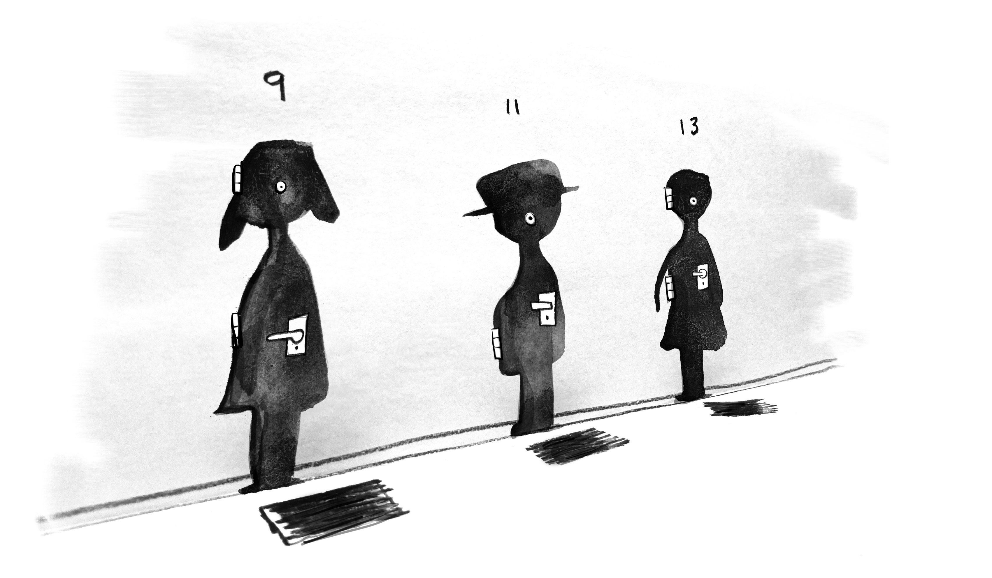 Illustration showing three doors shaped as cutouts of individual people