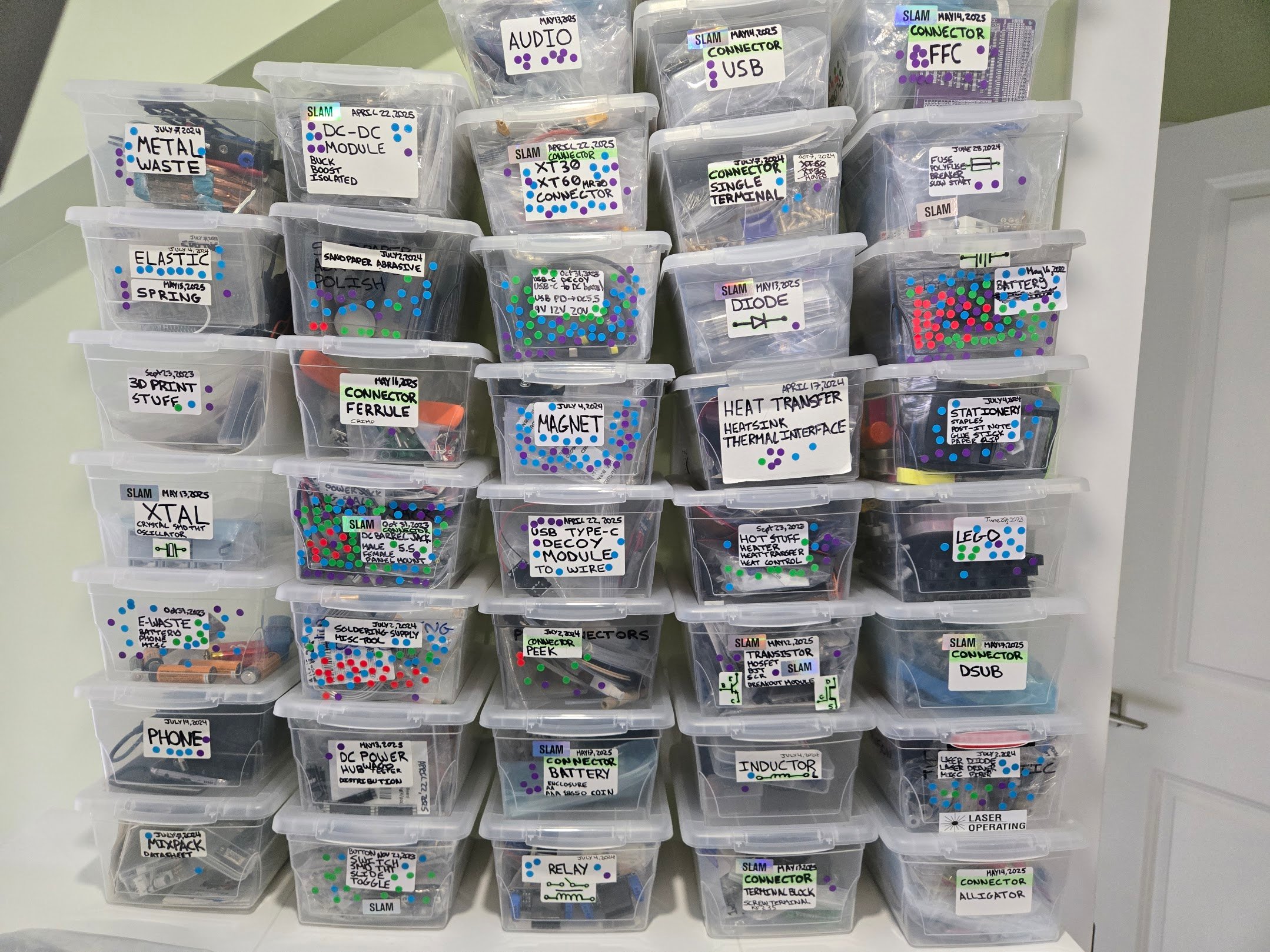 31 standardized 4L clear boxes stacked within arm's reach of a desk, each labeled with category, date, and dot stickers. Boxes for power, connectors, and magnets have many dots while boxes for crystals and inductors have few.