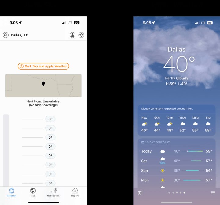 A comparison of Dark Sky with Apple Weather. The Dark Sky app is white. It's interface has a simple location marker with a list of forecasted temperature readings. Buttons at the bottom allow users to toggle between maps, forecasts, notifications and reports. The Apple Weather app has an image of the sky. It has current weather, hourly weather temperatures, and a 10-day forecast. 