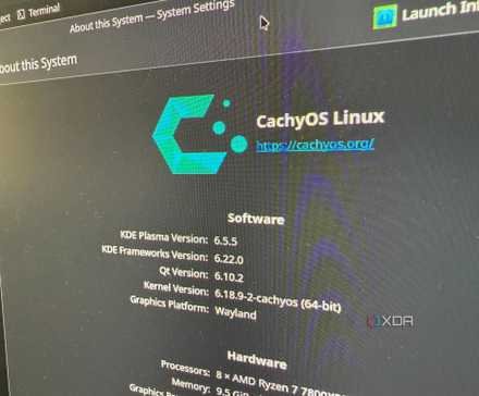 A photo of a monitor showing the About System settings in CachyOS