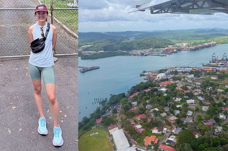 At left, photo of Cherry Tang standing outdoors in summer. At right, aerial photo of the Panama Canal