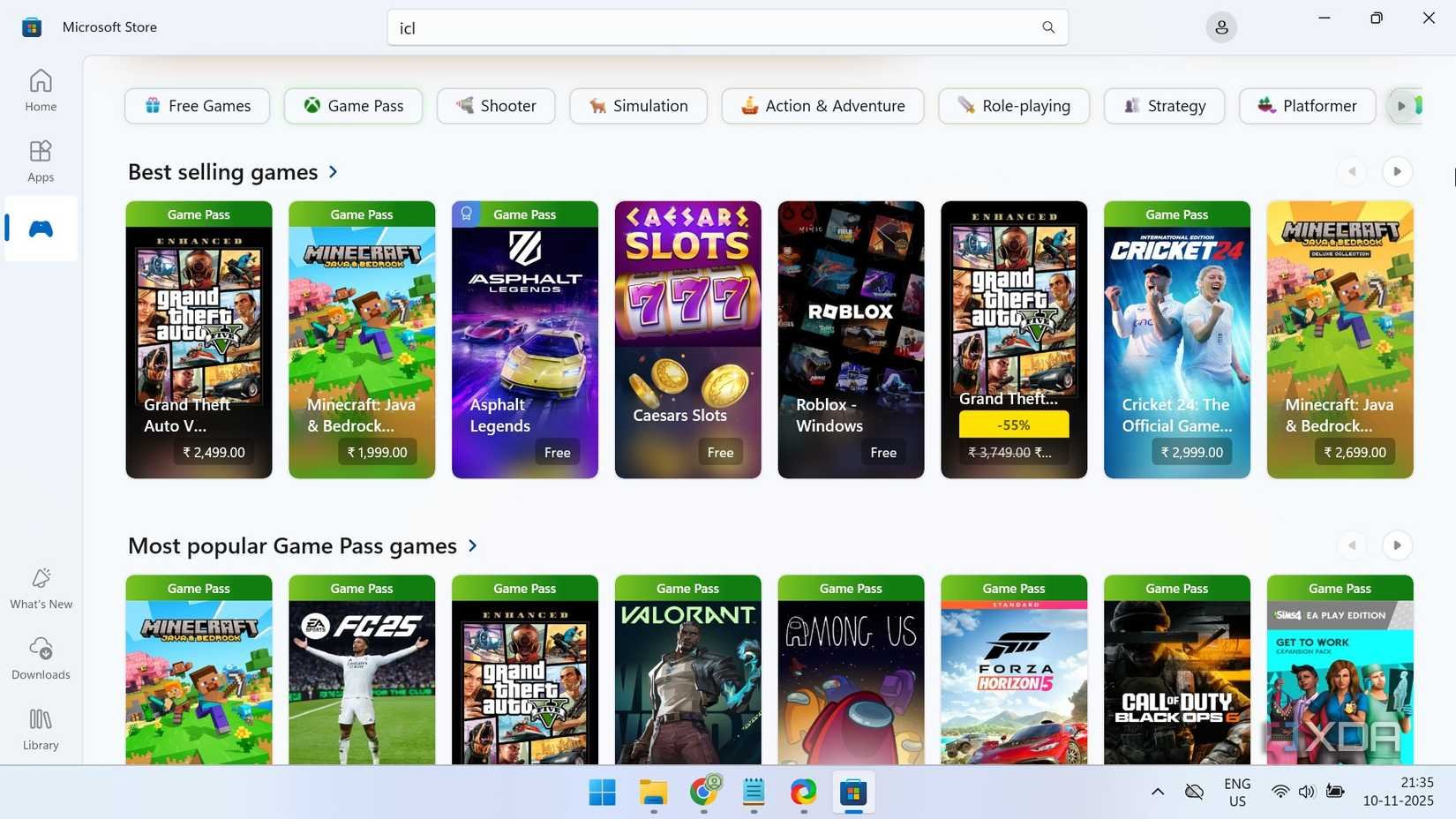 games section on microsoft store