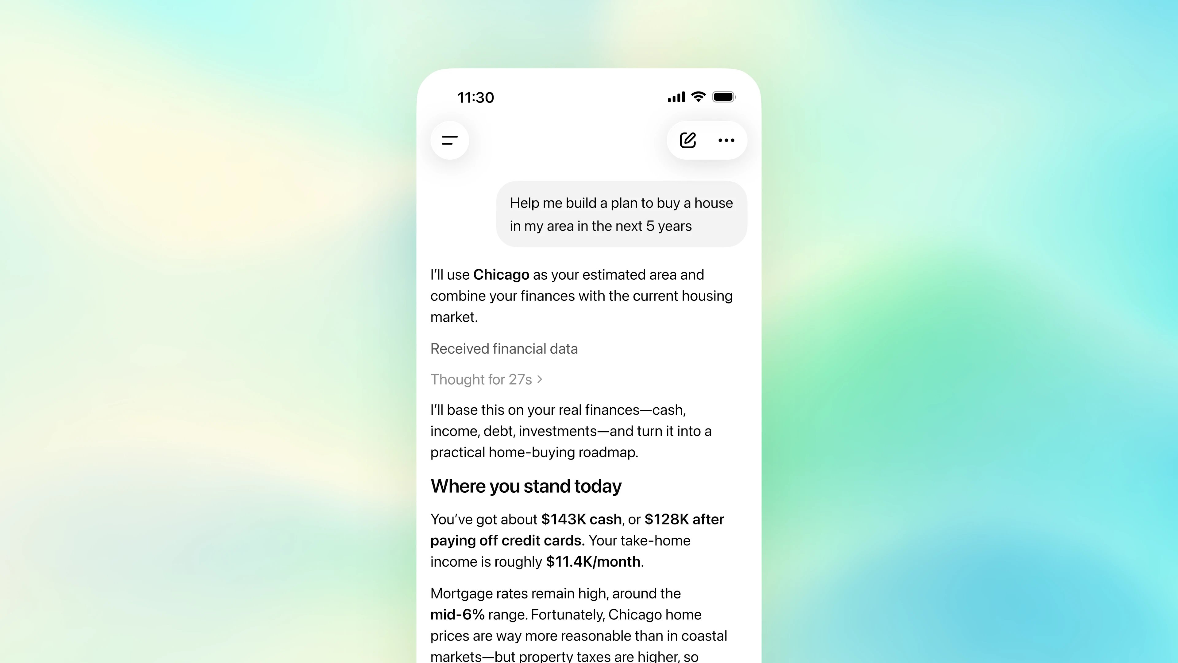 Mobile app showing a personal finance assistant creating a five-year home-buying plan based on the user’s finances and Chicago housing market data.
