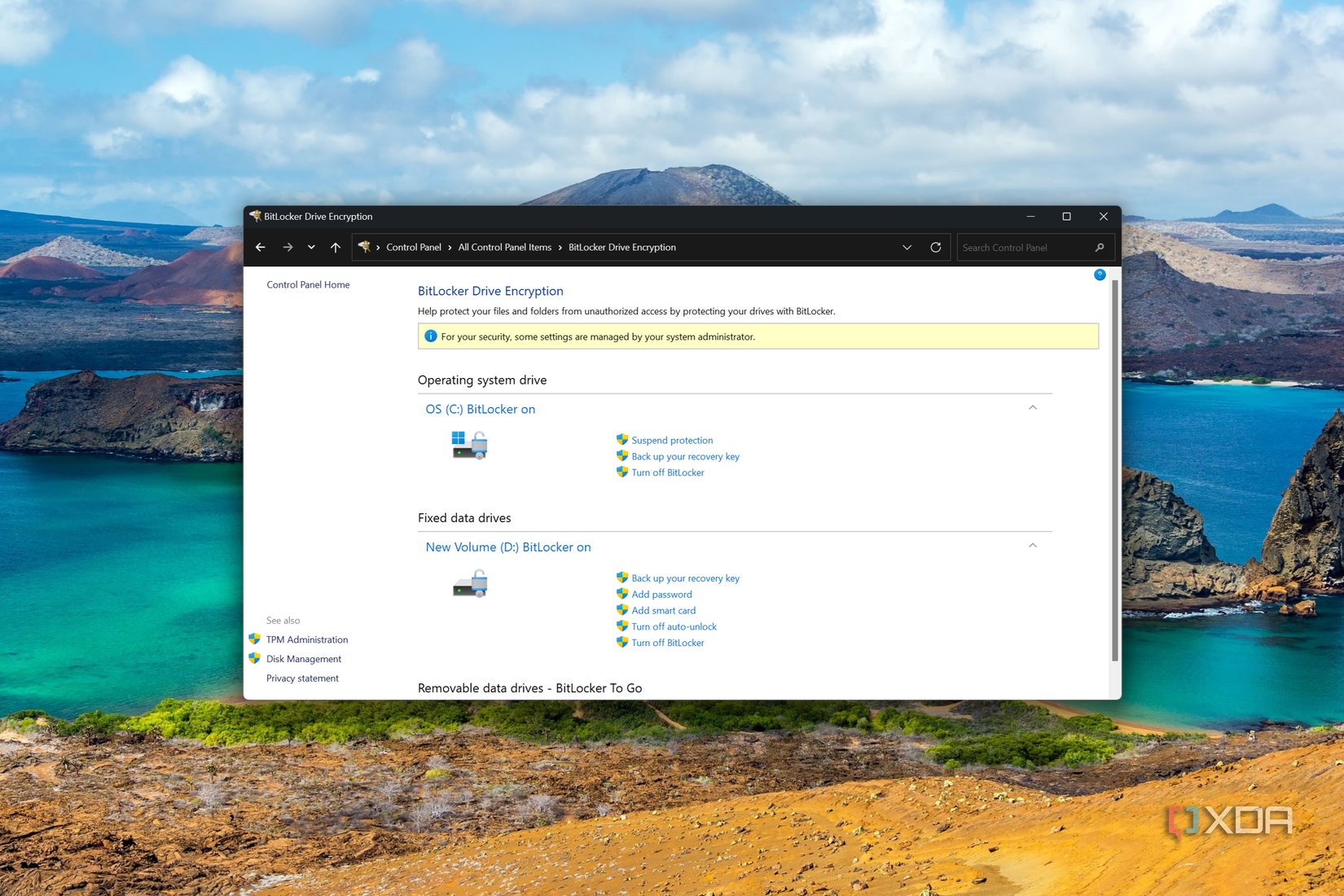 Screenshot of BitLocker settings in Control Panel showing multiple fixed drives are encrypted