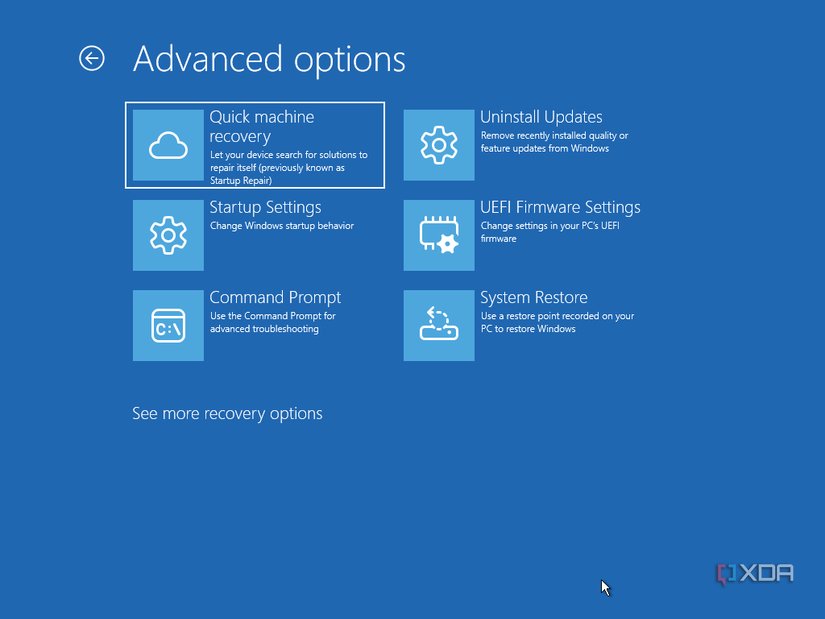 Screenshot of the Windows Recovery Environment showing various troubleshooting and recovery options