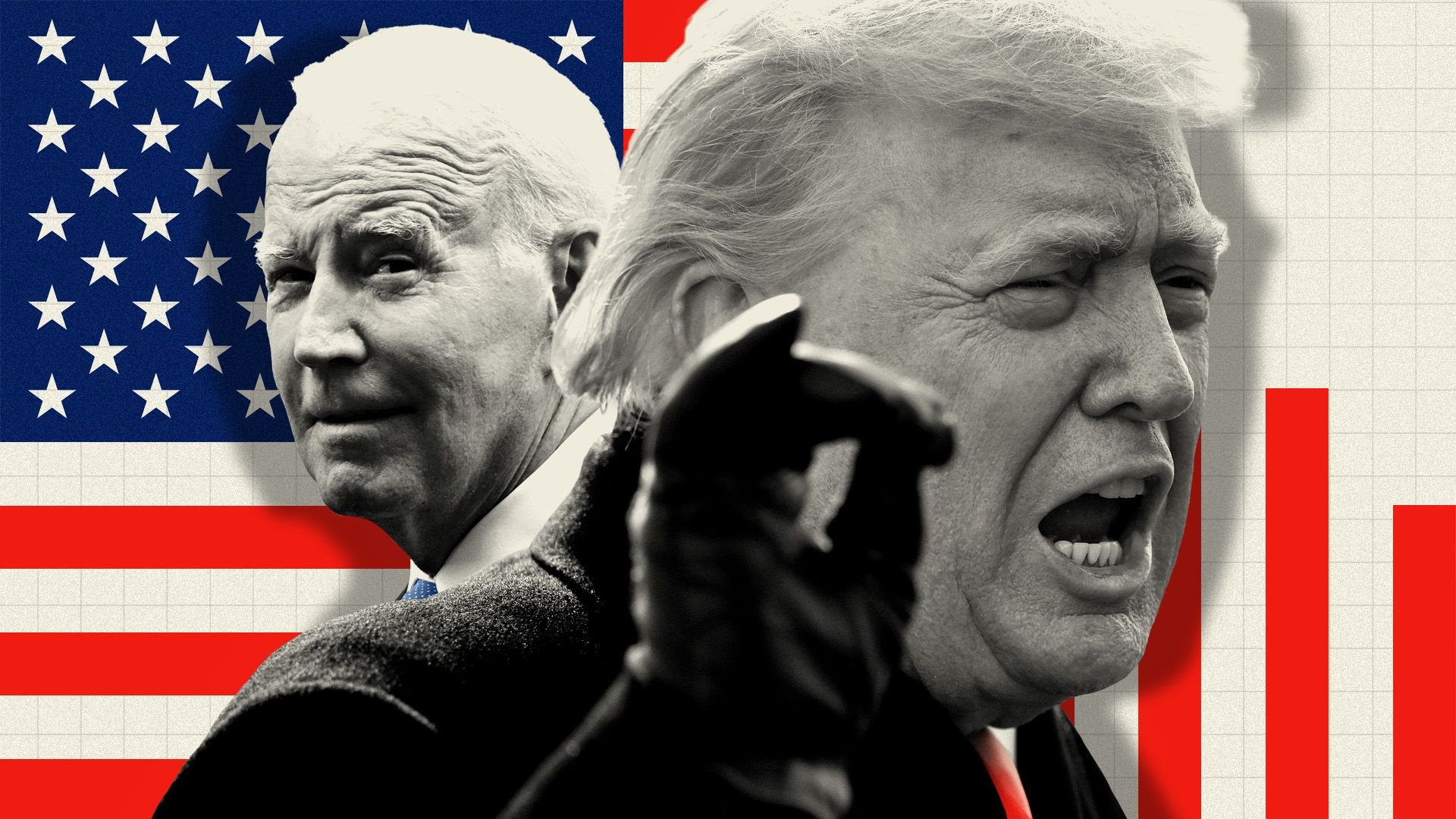 Photo illustration of President Biden and President Trump set against an American flag and downward trending bar chart