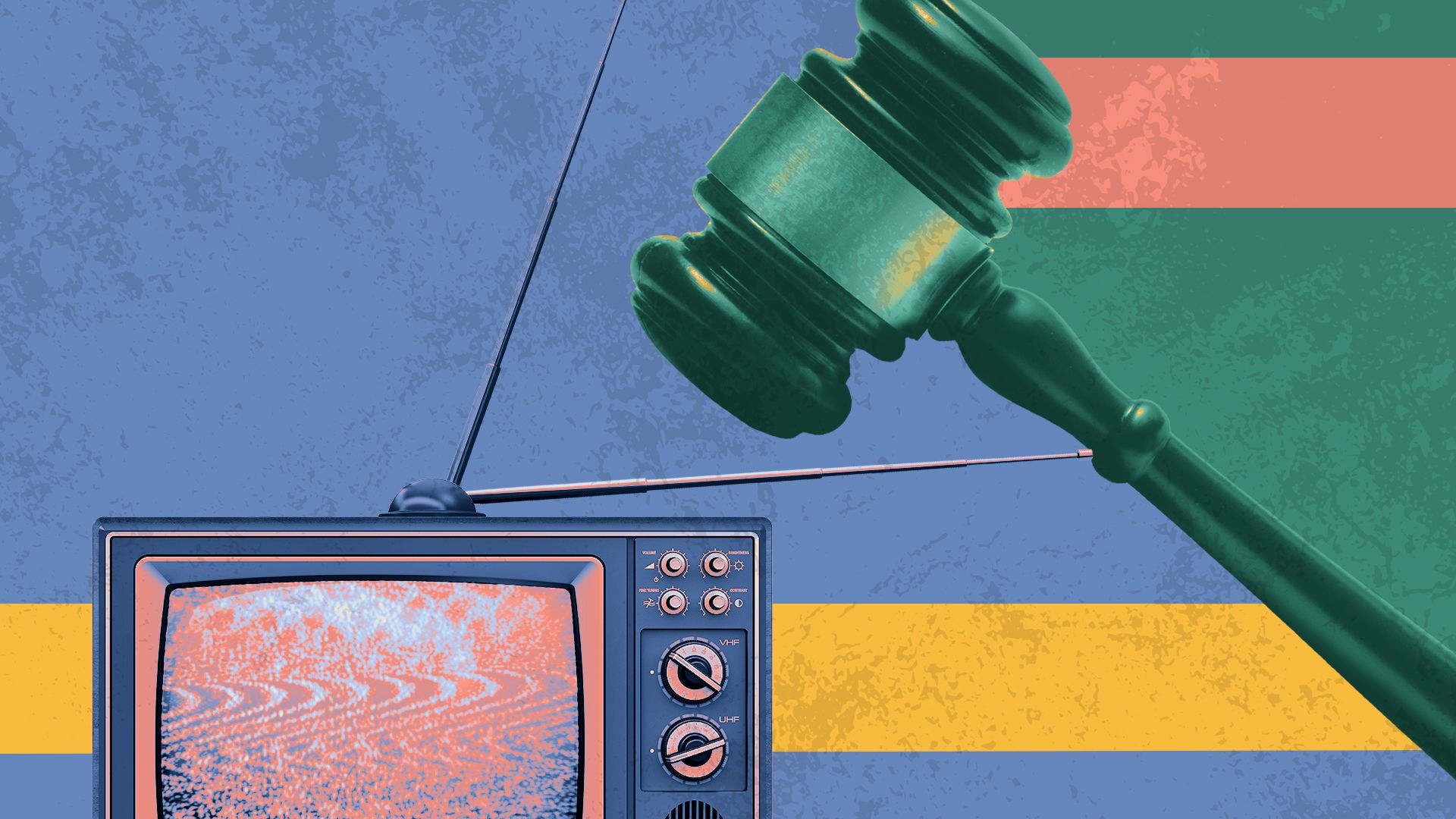 Illustration of an old television set with rabbit ear antennae against a gavel