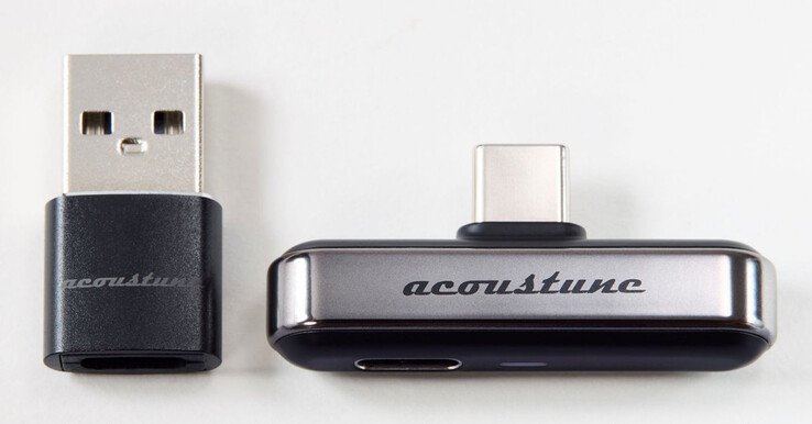 A USB-C to USB-A adapter comes with the Acoustune ATX001 Bluetooth transmitter.