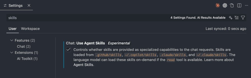 Settings interface showing options for using Agent Skills, including descriptions of features and functionality.