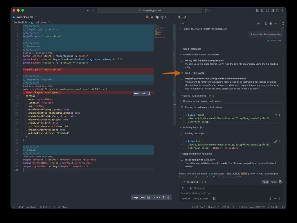 Screenshot of a code editor displaying a Bicep template for Azure resource management, featuring code snippets, parameters, and module definitions.
