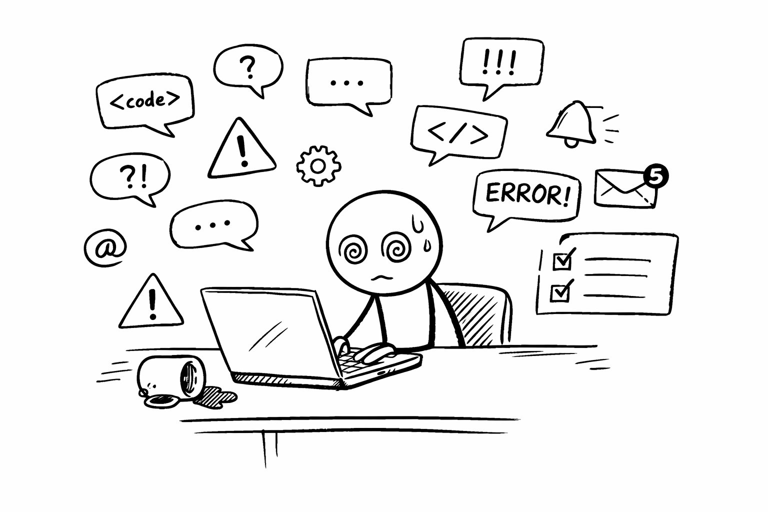 An overwhelmed engineer surrounded by code, errors, and notifications