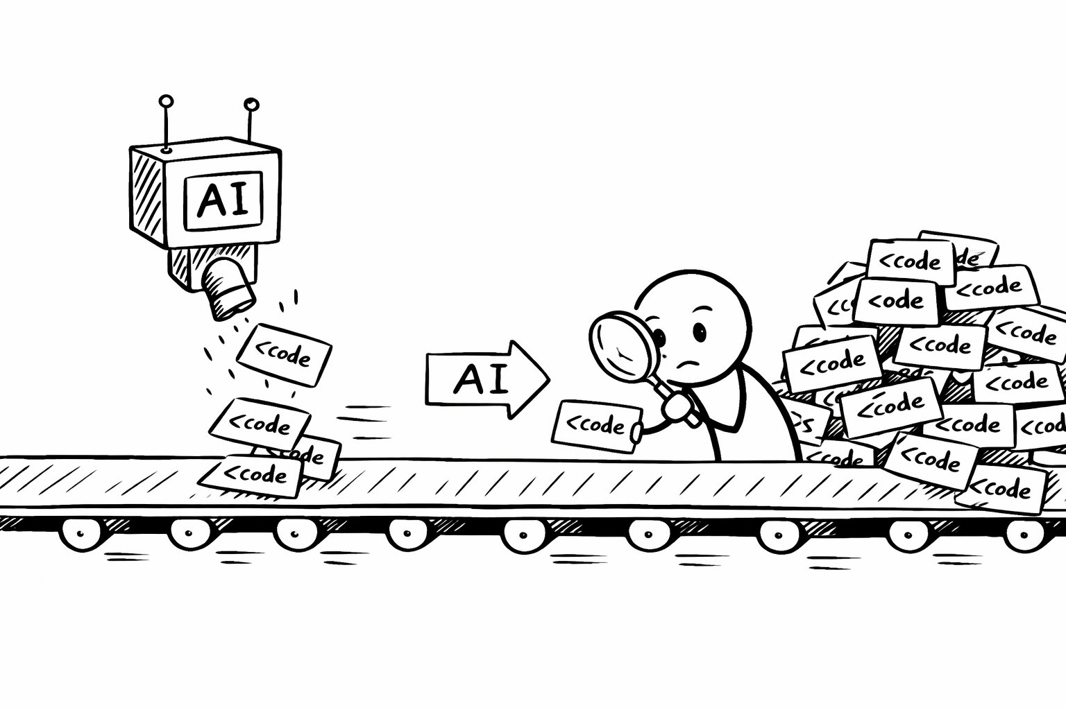 AI dropping code onto a conveyor belt faster than a human can review