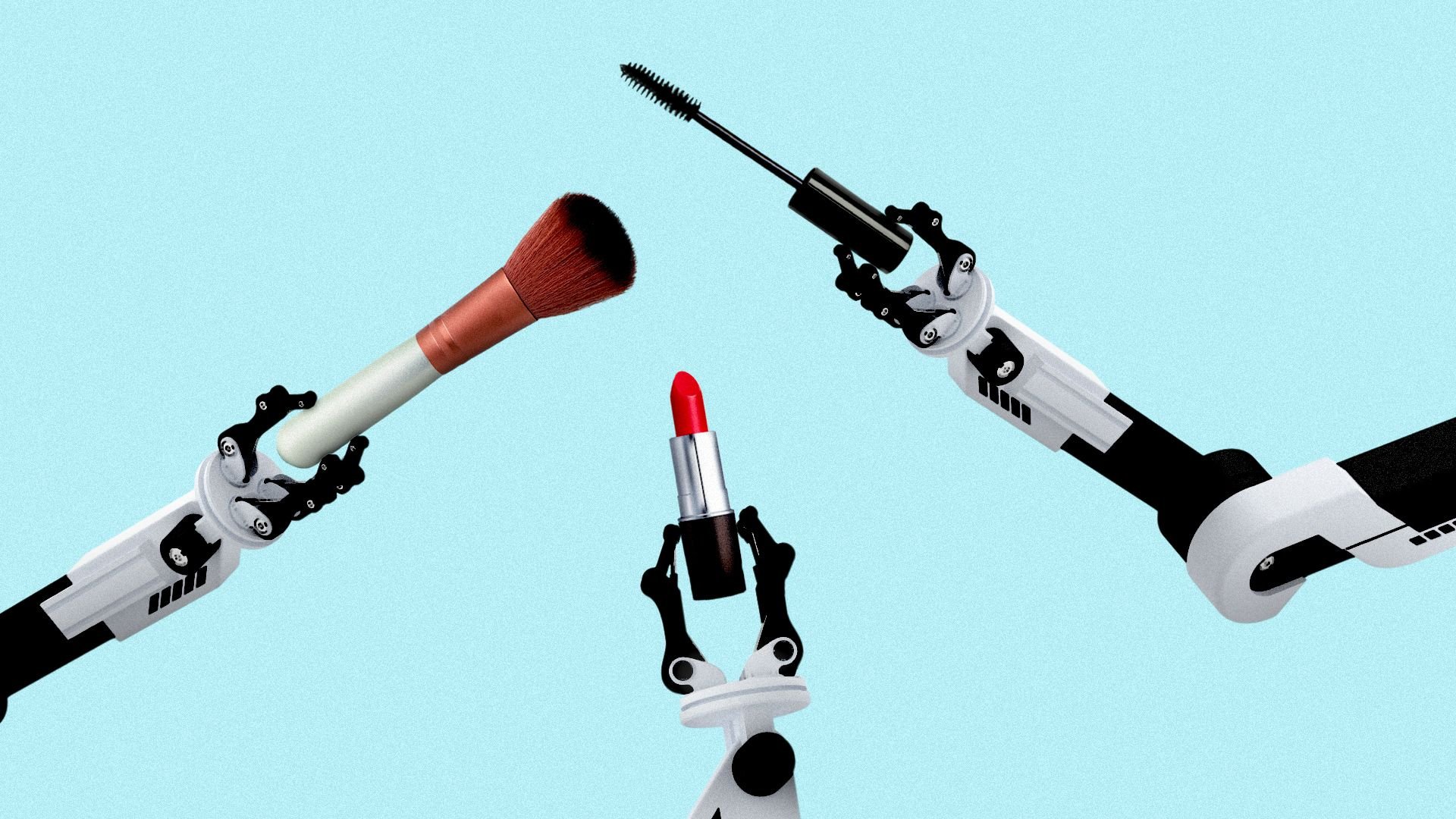 Illustration of mechanical robot arms holding a makeup brush, lipstick, and a mascara wand.