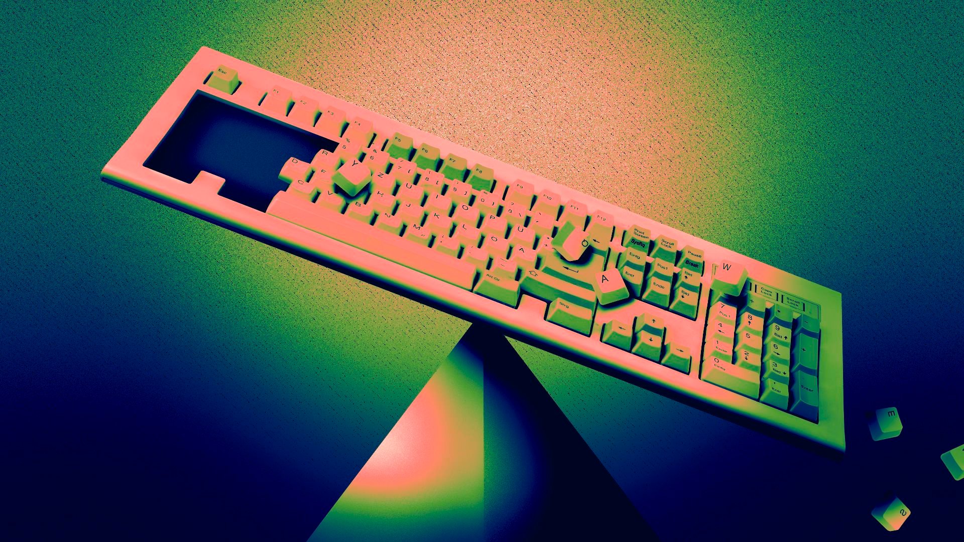 Illustration of a keyboard with keys breaking and falling off balanced on a pyramid shape