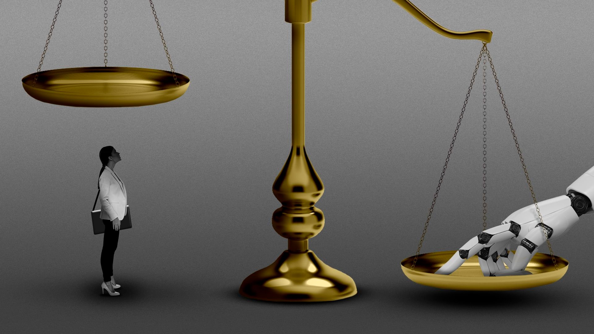 Illustration of a small lawyer looking up at one side of scale while a robot hand presses down on the other