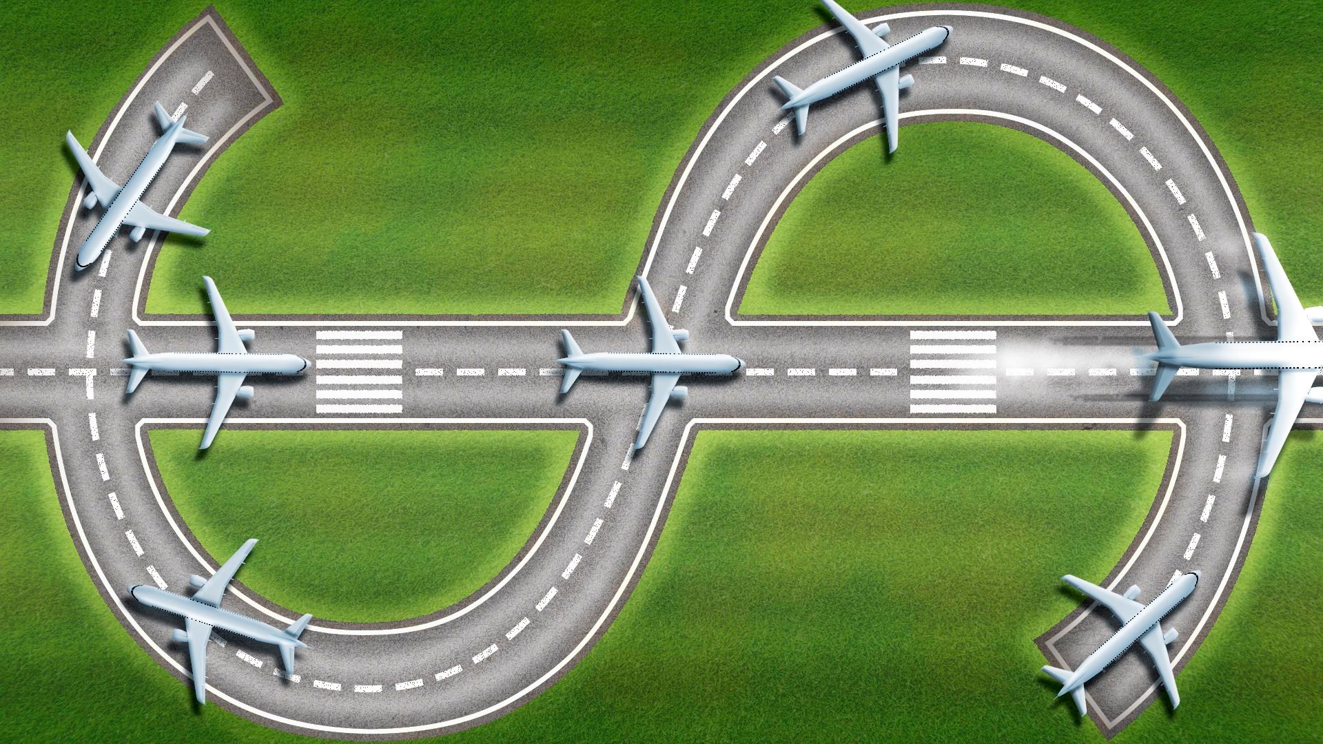 Illustration of a runway in the shape of dollar sign with various planes on it