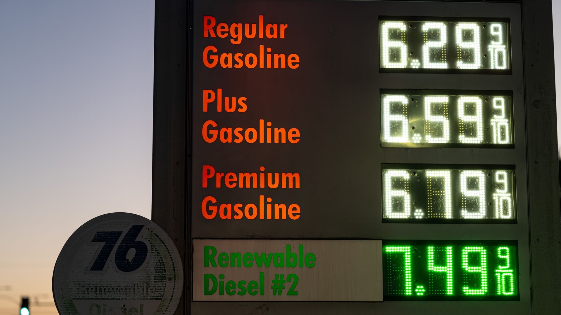 A gas station sign showing prices of $6.29 a gallon for regular, $6.59 a gallon for plus, $6.79 a gallon for premium and $7.49 a gallon for diesel.