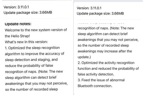 The release notes for firmware version 3.11.0.1 for the Amazfit Helio Strap