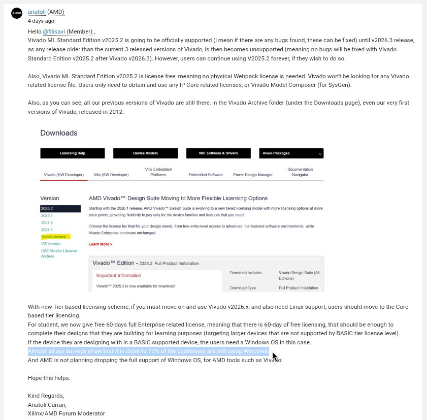 this is a long screenshot of a forum reply by anatoli curran, a forum moderator for xilinix and amd, the highlighted part shows a 70% customers of vivado are on windows claim