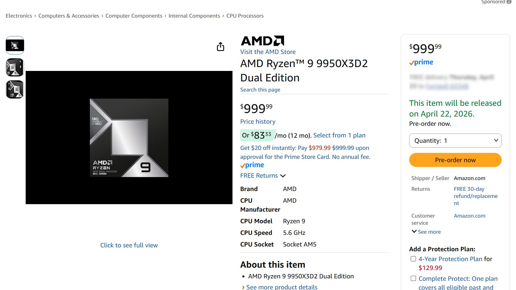 Ryzen 9 9950X3D2 listing on Amazon. 