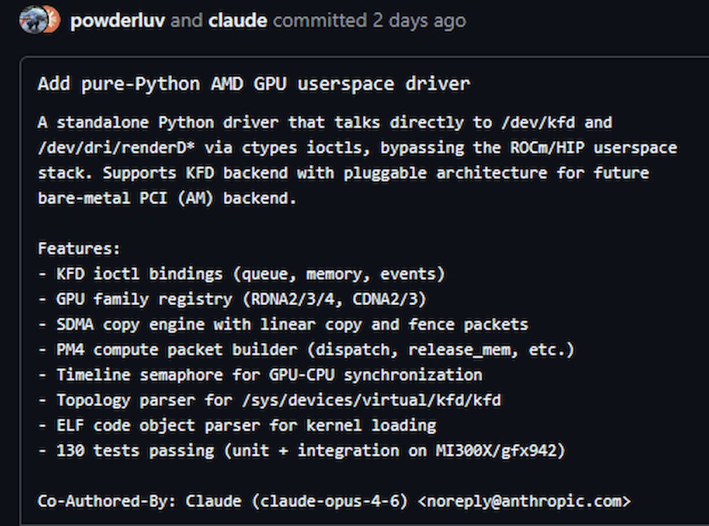 A screenshot of the GitHub commit that adds the GPU userspace driver to AMD's ROCm project.