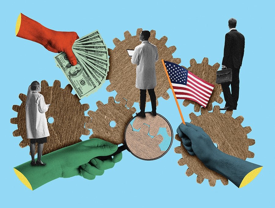 Illustration showing a collage of themes. Large gears, a hand holding a magnifying glass, American dollars and flag plus individuals dressed in lab coats and business attire.