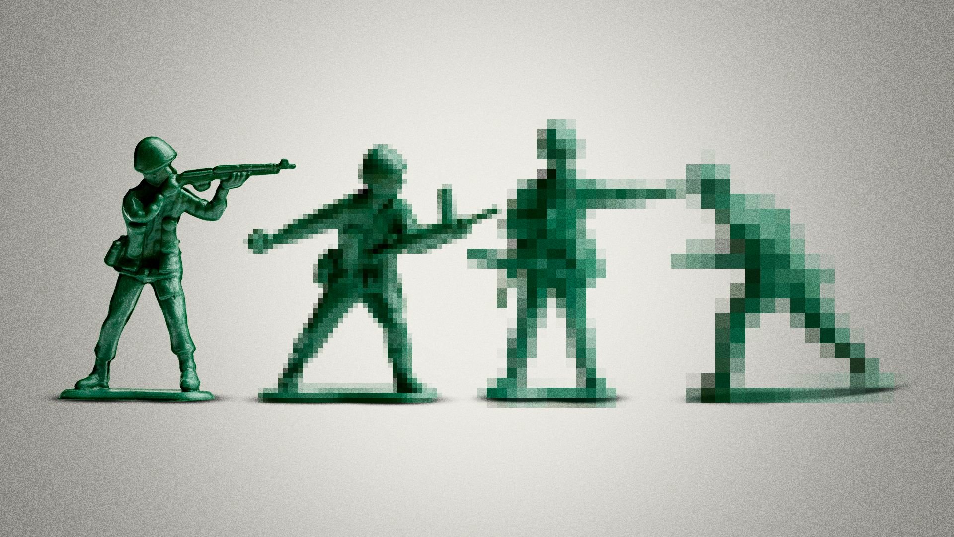 Illustration of toy soldiers becoming more pixelated.