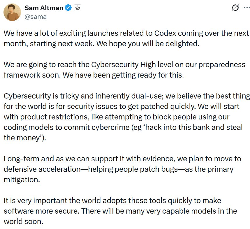 Sam Altman tweet about AI defensive capabilities