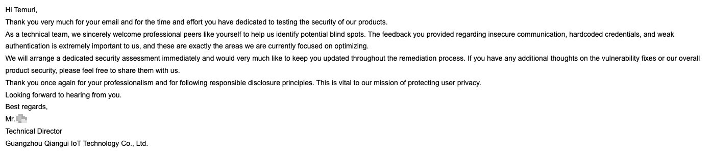 Email from Naxclow's technical director acknowledging the disclosure report