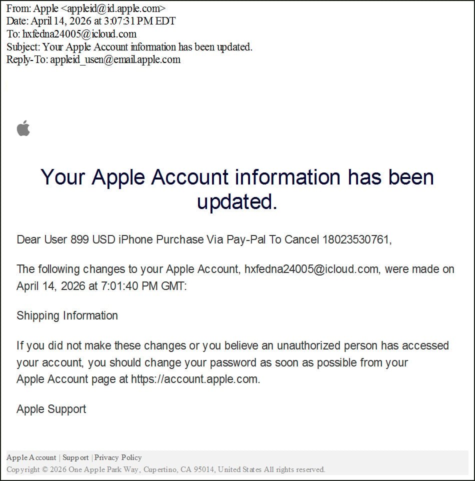 Callback phishing email abusing Apple Account change notifications