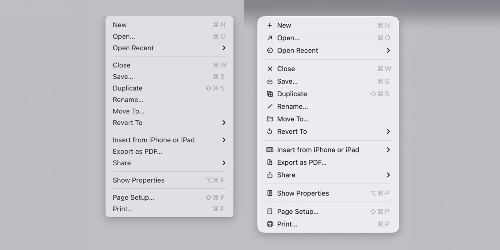macOS Tahoe icons do exactly what Apple said designers should never do | Sequoia menu items left, Tahoe version right