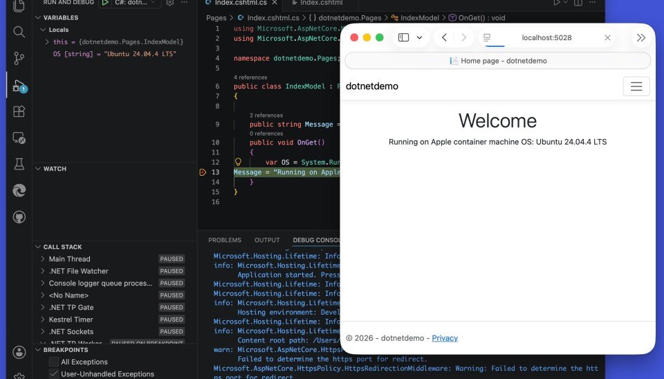 Debugging a Linux application running on an Apple container machine
