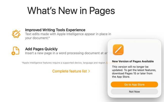 What's New screen in Pages asking for an upgrade