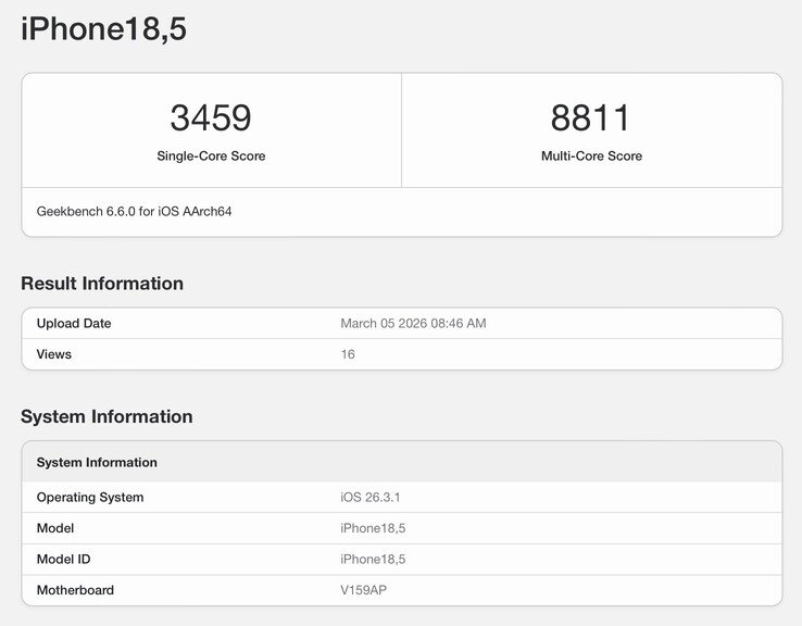 The leaked Geekbench listing for the iPhone 17e.