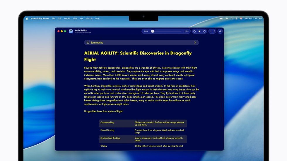 The Mac screen showing the document reformatted by Accessibility Reader with larger, clearer text in a single column.