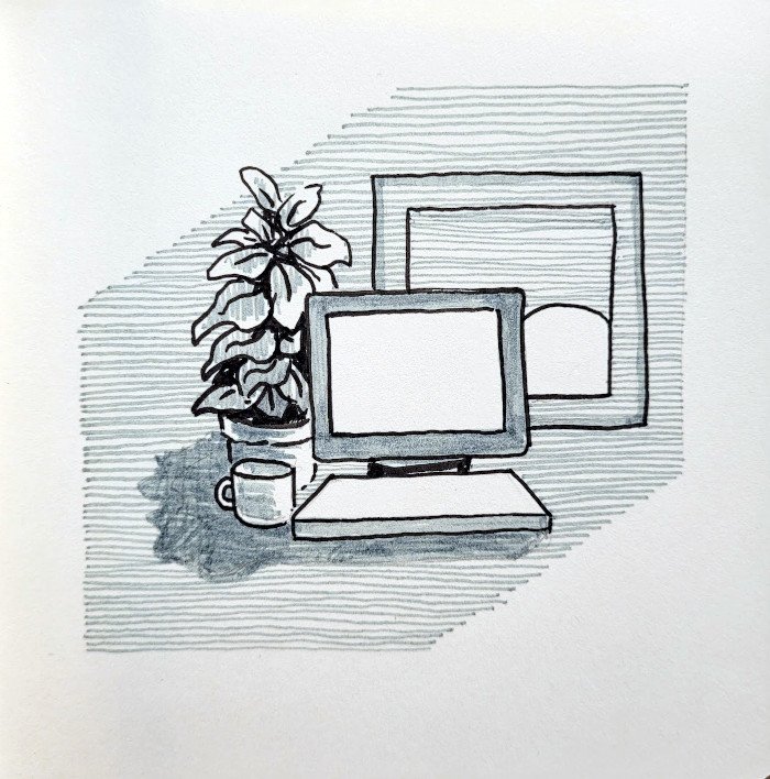 Simple pen drawing of a computer with a window and sunrise and mug and potted plant.