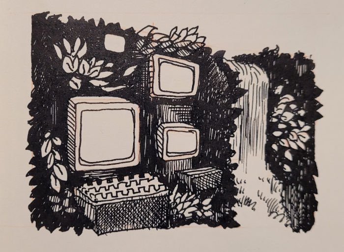 A paradise with waterfall and foliage that also has some computers in it.